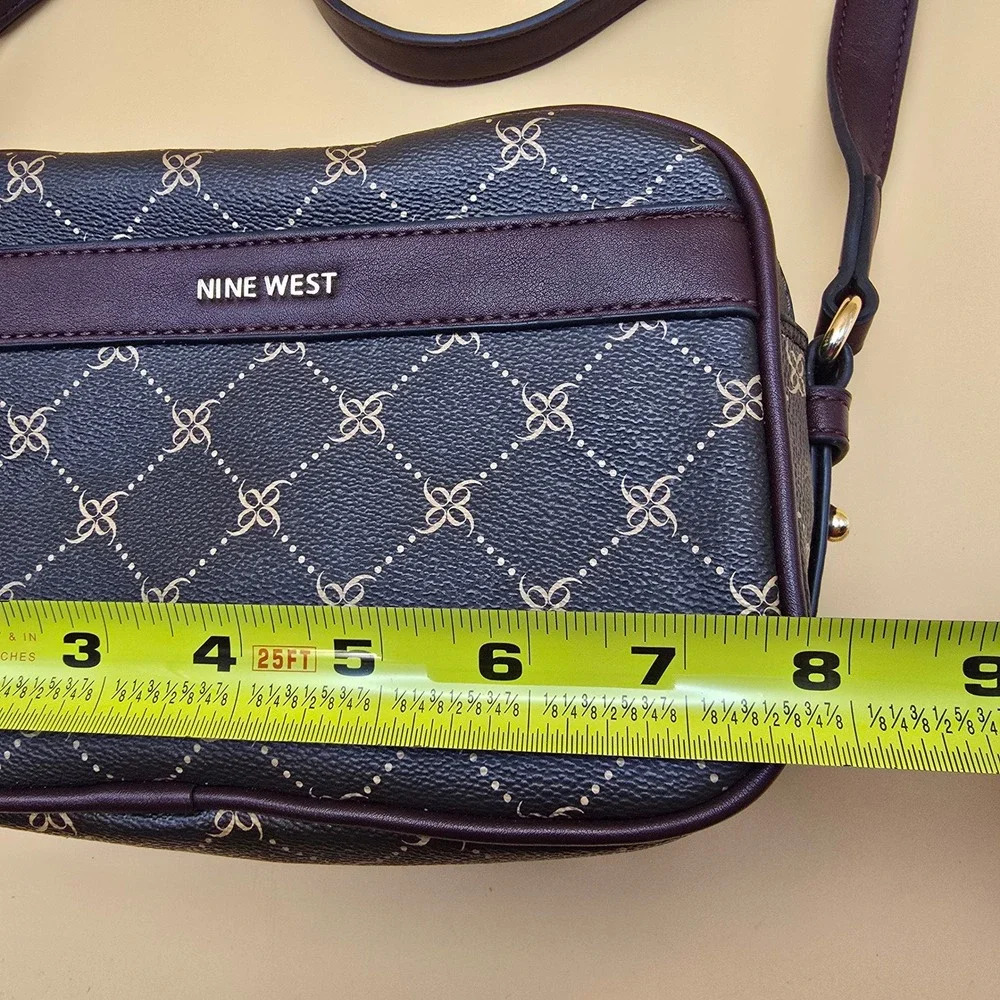 Nine West Monogram Crossbody Bag Burgundy Faux Leather Double Zip